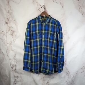 Eddie Bauer Shirt Mens Large Blue Green Plaid Button Up Travex Shacket Jacket